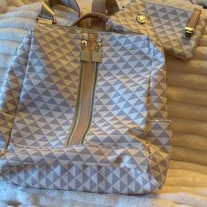 Patterned Cream & Taupe Women's Backpack Purse with Matching Wristlet